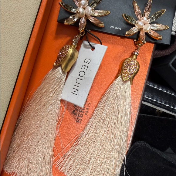 sequin Jewelry - Sequin handmade artisan crystal flower silk Cream Tassel gold clip on Earrings